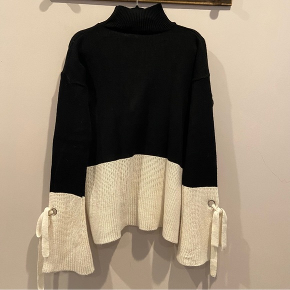 ALISON ANDREWS Colorblock Tie Bell Sleeve Sweater Turtleneck Large - Picture 3 of 7